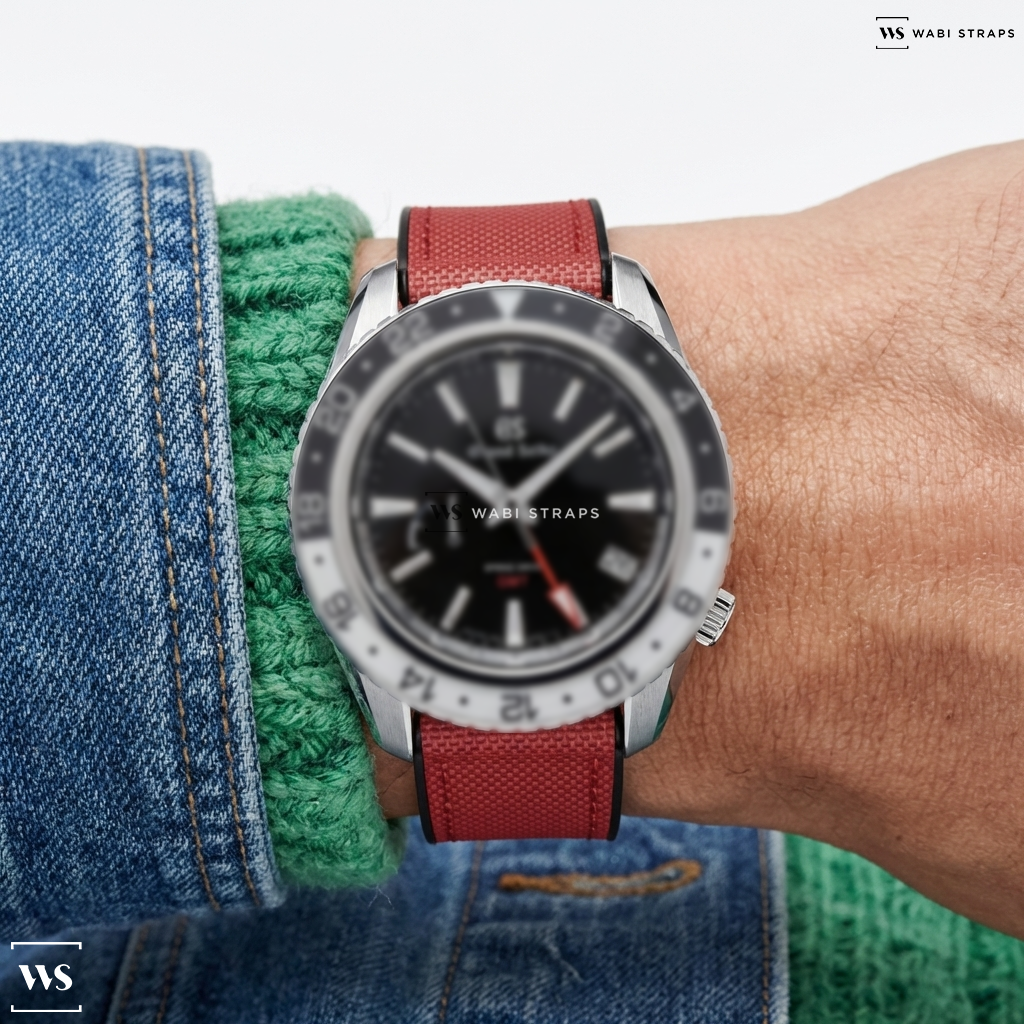 Red Hybrid Canvas Watch Strap on Grand Seiko Sport Collection Spring Drive GMT