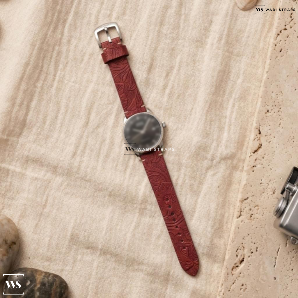 Red Floral Print Leather Watch Strap on Mido Baroncelli III Automatic Black Dial Stainless Steel Men's Watch