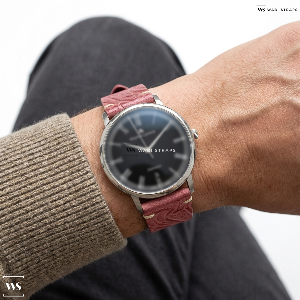 Red Floral Print Leather Watch Strap on Maurice Lacroix Les Classiques Automatic Black Dial Stainless Steel Men's Watch