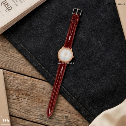 Red Glossy Leather Watch Strap on Omega De Ville Prestige Co-Axial 39.5 mm Automatic White Dial Red Gold Men's Watch