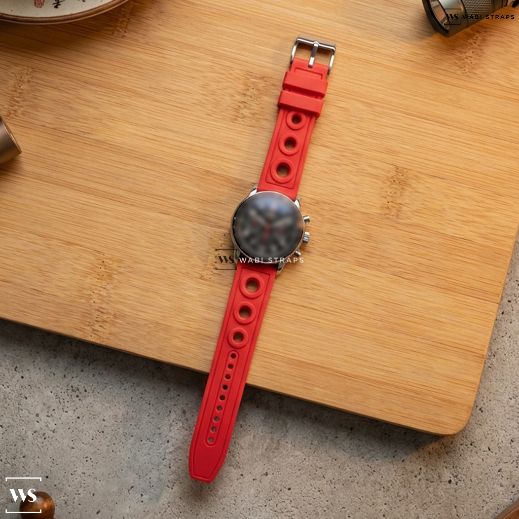 Red Perforated Rubber Watch Strap on Blancpain Leman Flyback Chronograph Black Dial SS