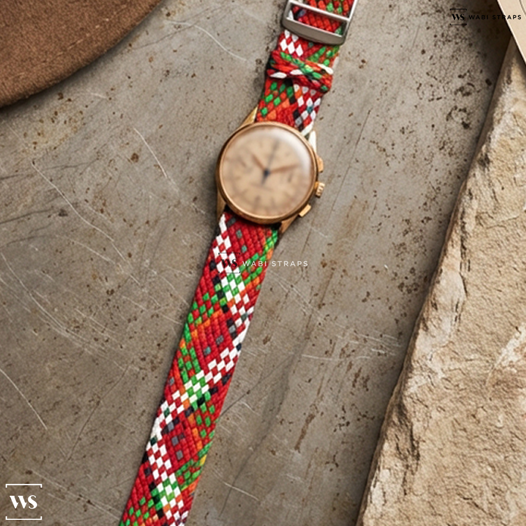 Red/Green/White Interwoven Contrast Nylon Watch Strap on Universal Geneve Medico-Compax Chronograph Doctor's Watch