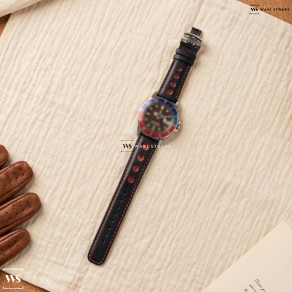 Black/Red Contrast Holes Leather Watch Strap on Rolex GMT Master 1675