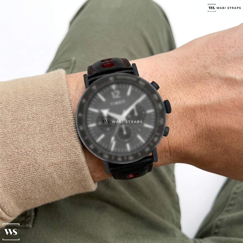 Black/Red Contrast Holes Leather Watch Strap on Timex Chronograph Black PVD