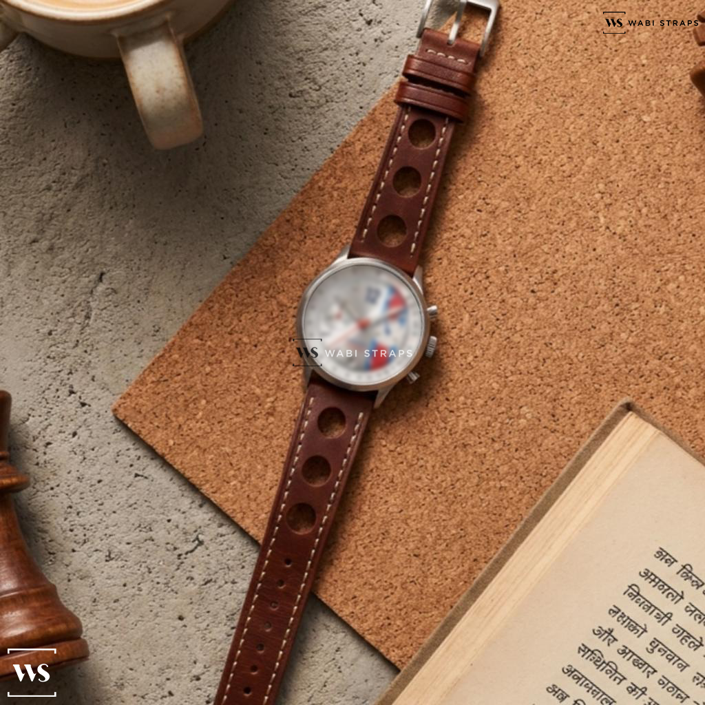 Red Perforated Leather Watch Strap on Ferrowatches Race Master Chronograph Silver