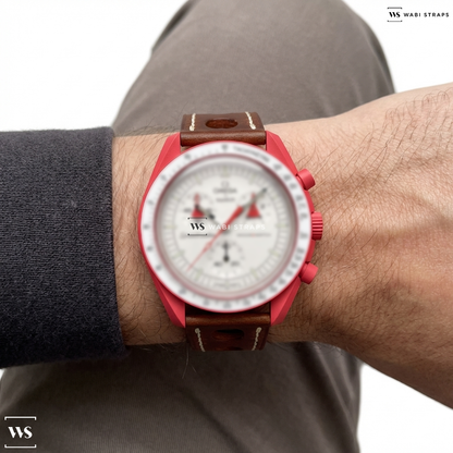 Red Perforated Leather Watch Strap on MOONSWATCH MISSION TO MARS