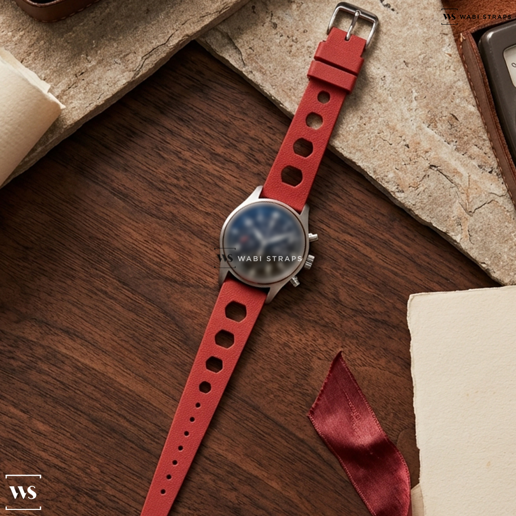 Red Perforated Silicone Watch Strap on IWC Pilot Chronograph IW377710 SS Black Dial / Bracelet
