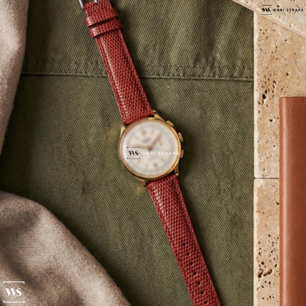 Red Lizard Grain Leather Watch Strap on Eberhard Extra Fort