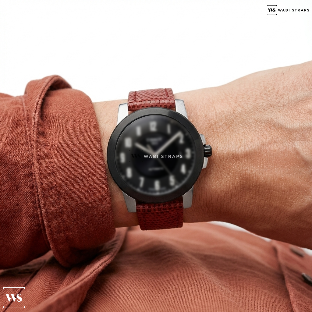 Red Lizard Grain Leather Watch Strap on Tissot T-Sport Gentleman Swissmatic Automatic Black Dial Men's Watch