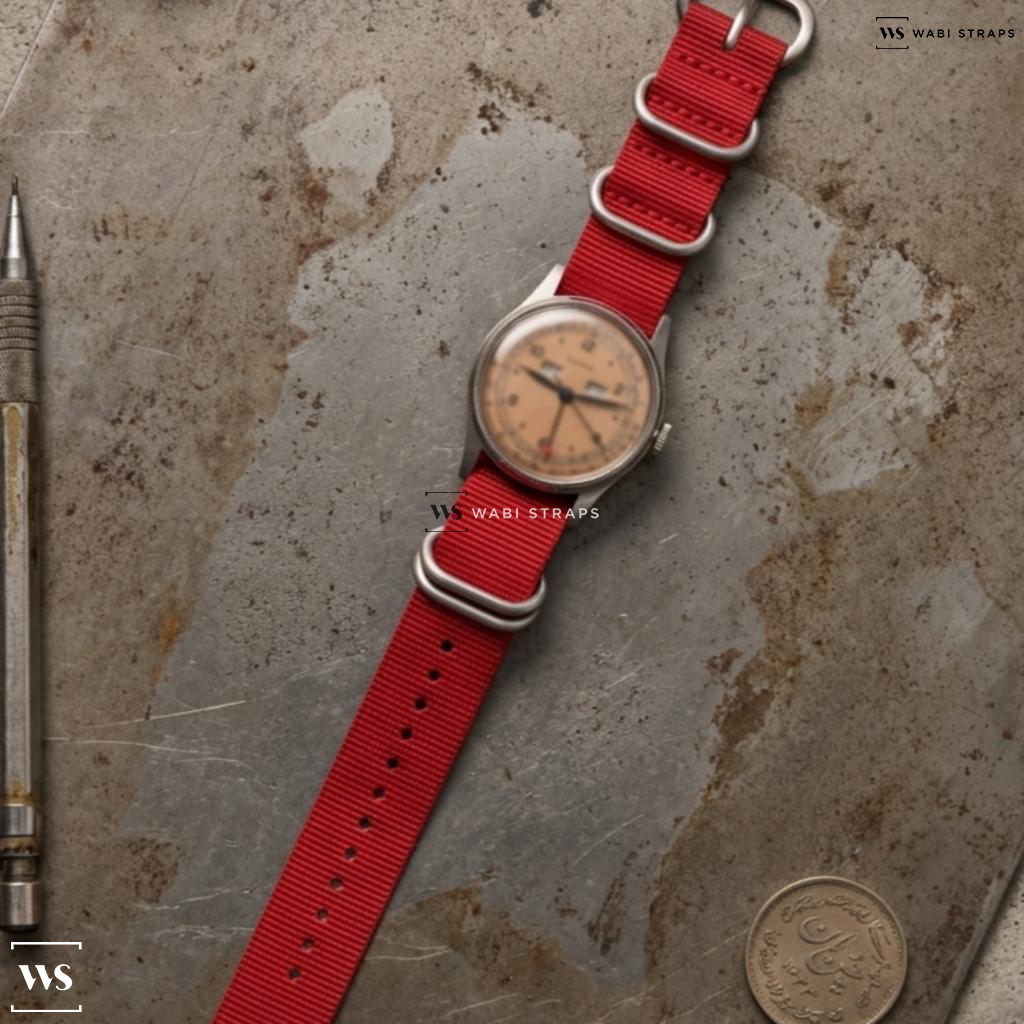 Red Solid Plain Nylon Watch Strap on Tourneau Triple Calendar Vintage Watch