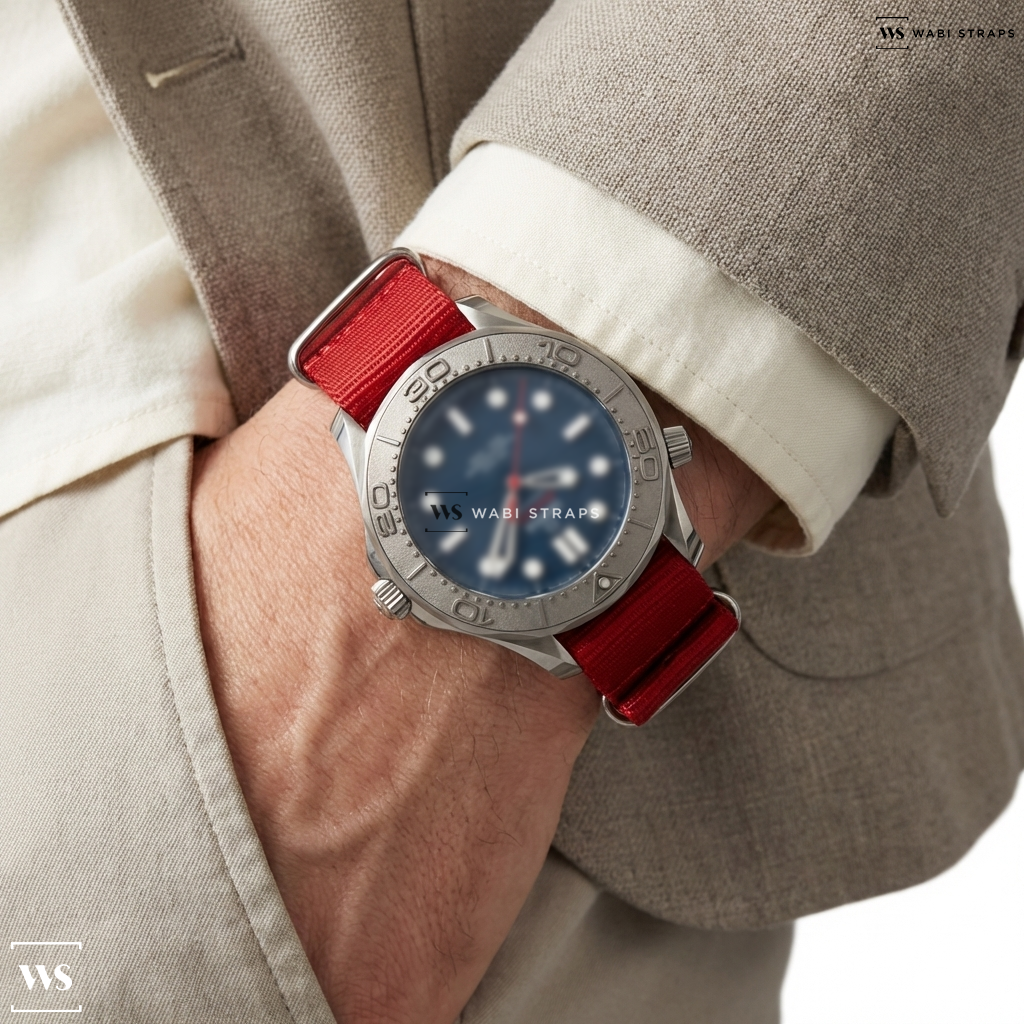 Red Solid Plain Nylon Watch Strap on Omega Seamaster Professional Dive Watch