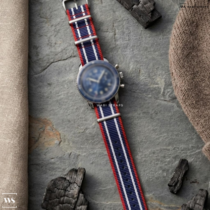 Blue/Red/White 4 Thick 1 Thin Stripe Nylon Watch Strap on Blancpain Air Command Chronograph Flyback Blue