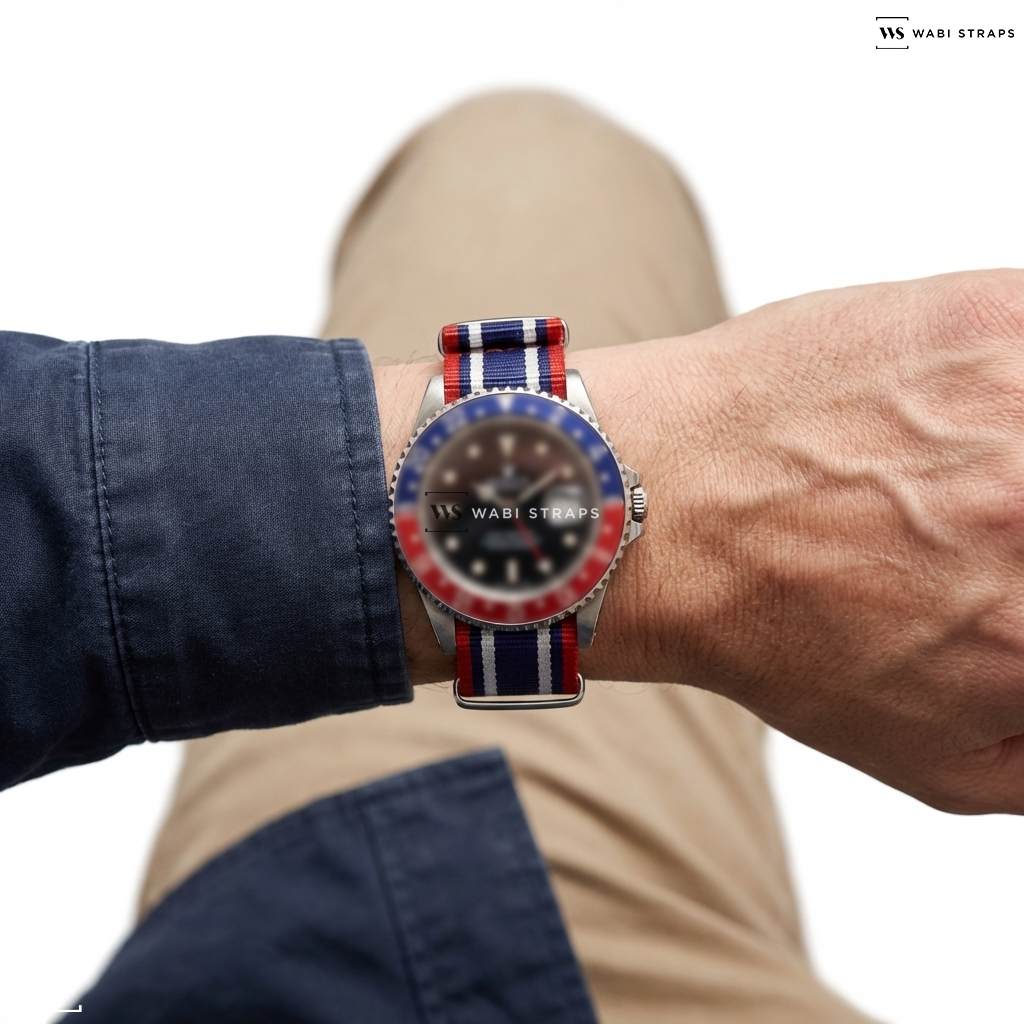 Blue/Red/White 4 Thick 1 Thin Stripe Nylon Watch Strap on Rolex GMT-Master Ref. 16750 Matte Dial