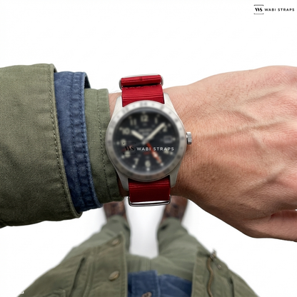 Red Bright Solid Plain Nylon Watch Strap on Seiko 5 Sports Field Mechanical GMT Watch SSK023K1