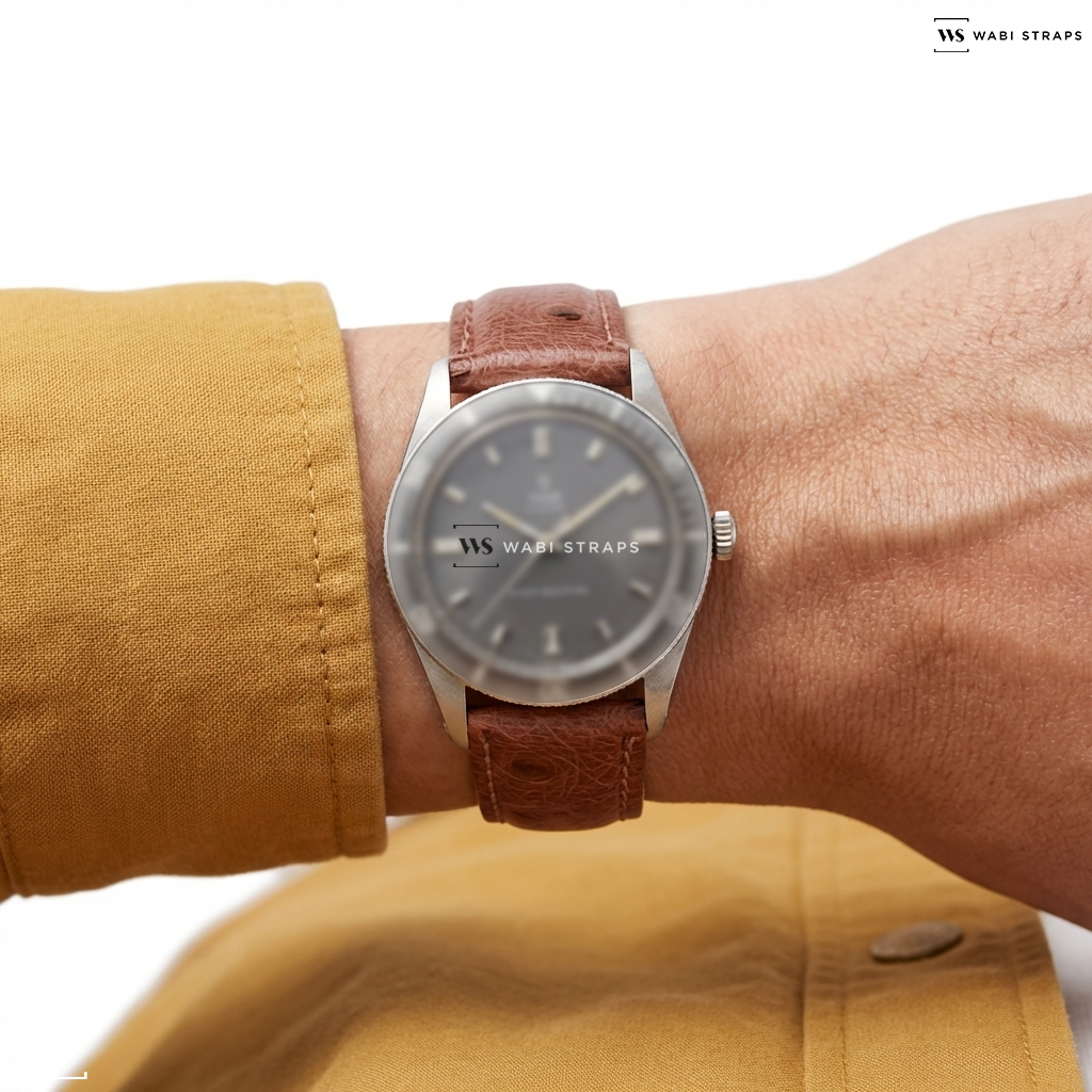 Red Ostrich Grain Leather Watch Strap on Tudor Oyster “Matte Grey”