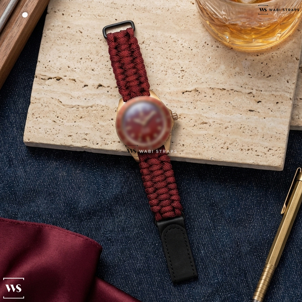 Red Woven Nylon Watch Strap on William Wood Watches Valiant Collection 41mm Mens Watch Red WWBR01