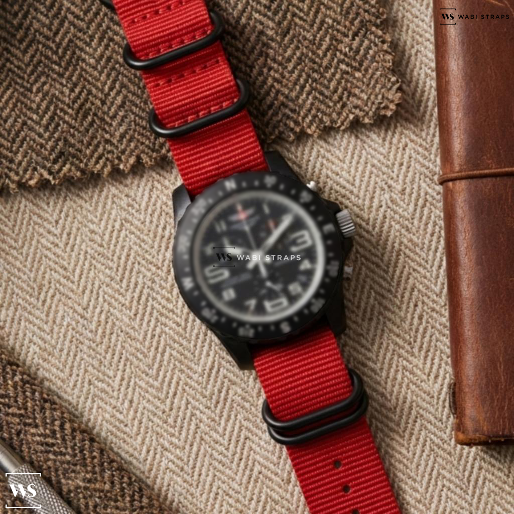 Red Solid Plain Nylon Watch Strap on Heuer Monza Vintage Black PVD Chronograph