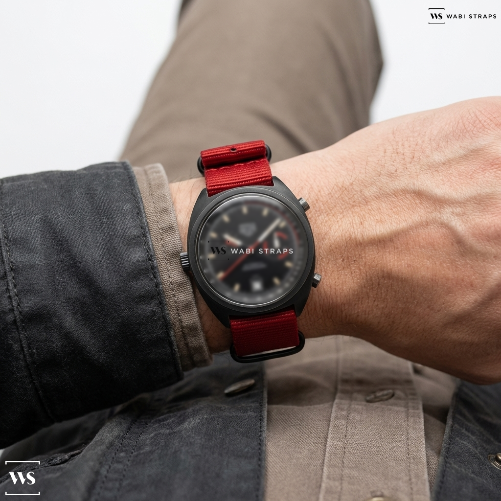 Red Solid Plain Nylon Watch Strap on Breitling Endurance Pro X82310 Black Dial Chronograph