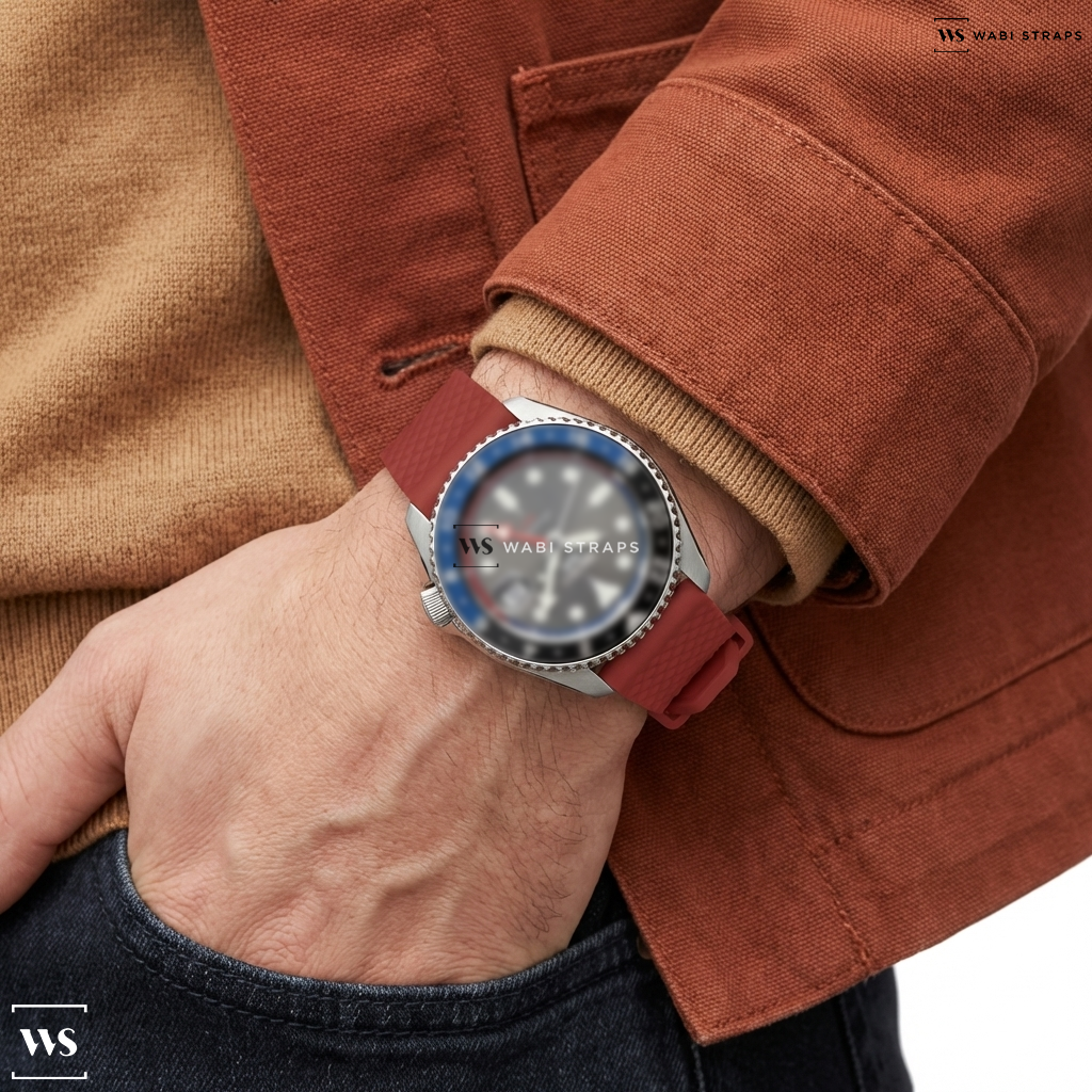 Red Textured Rubber Watch Strap on Seiko 5 Sports Automatic GMT Watch with Grey Dial #SSK019
