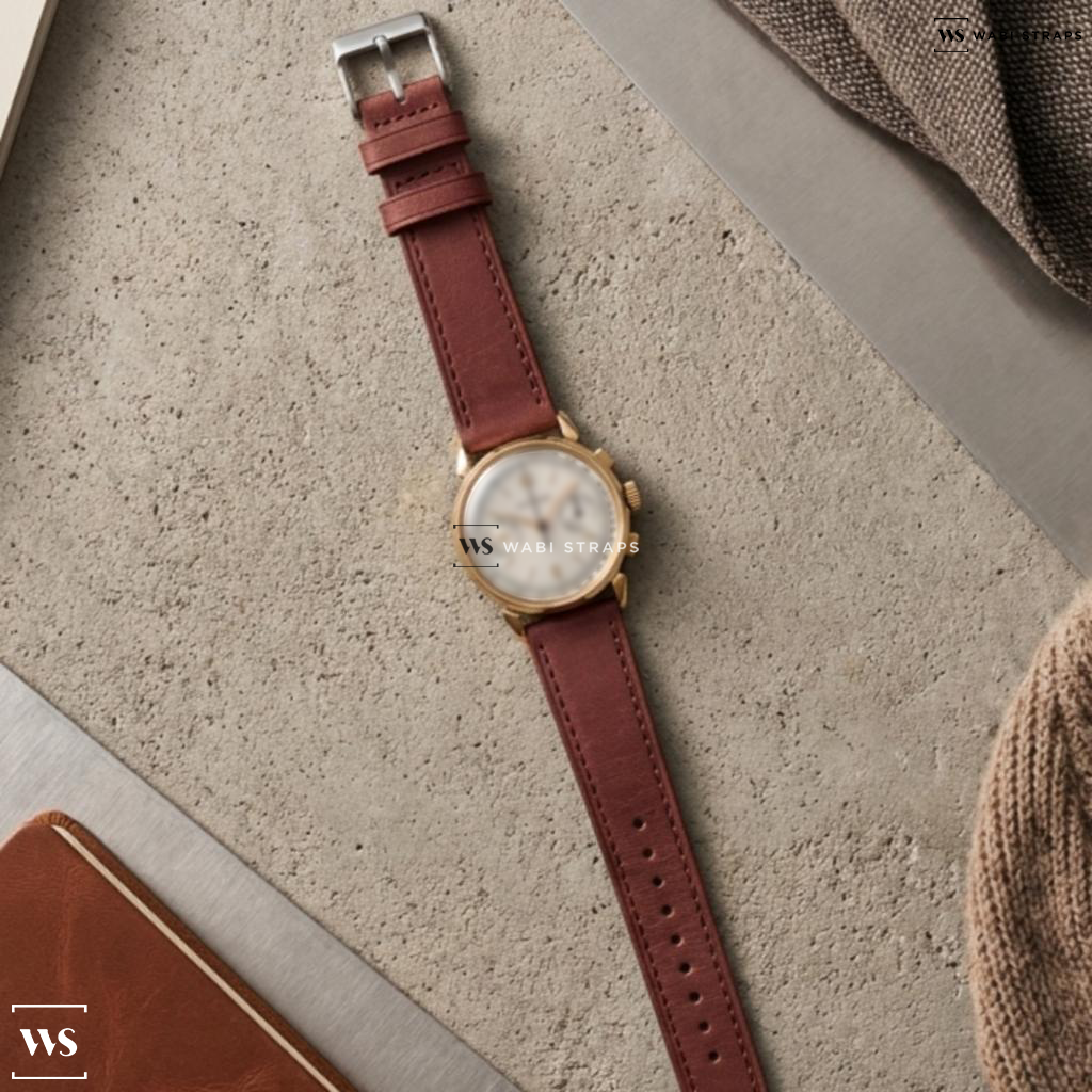 Red Smooth Leather Watch Strap on Patek Philippe 1579 Vintage Chronograph 18K Yellow First Series