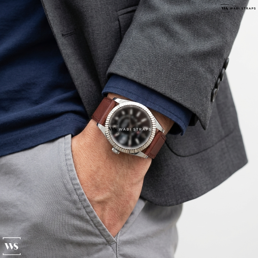 Red Smooth Leather Watch Strap on Rolex Sky Dweller Stainless Steel Black Dial / Oyster Bracelet
