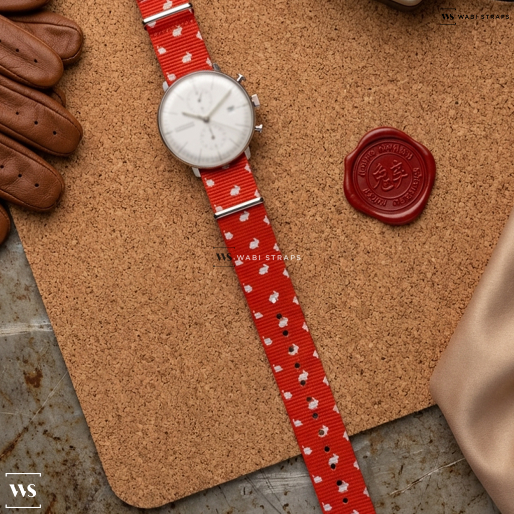 Red/White Graphic Print Nylon Watch Strap on Junghans Max Bill Chronoscope