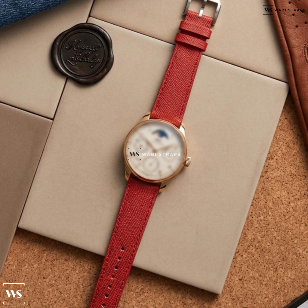 Red Cross Hatch Leather Watch Strap on IWC Perpetual Calendar