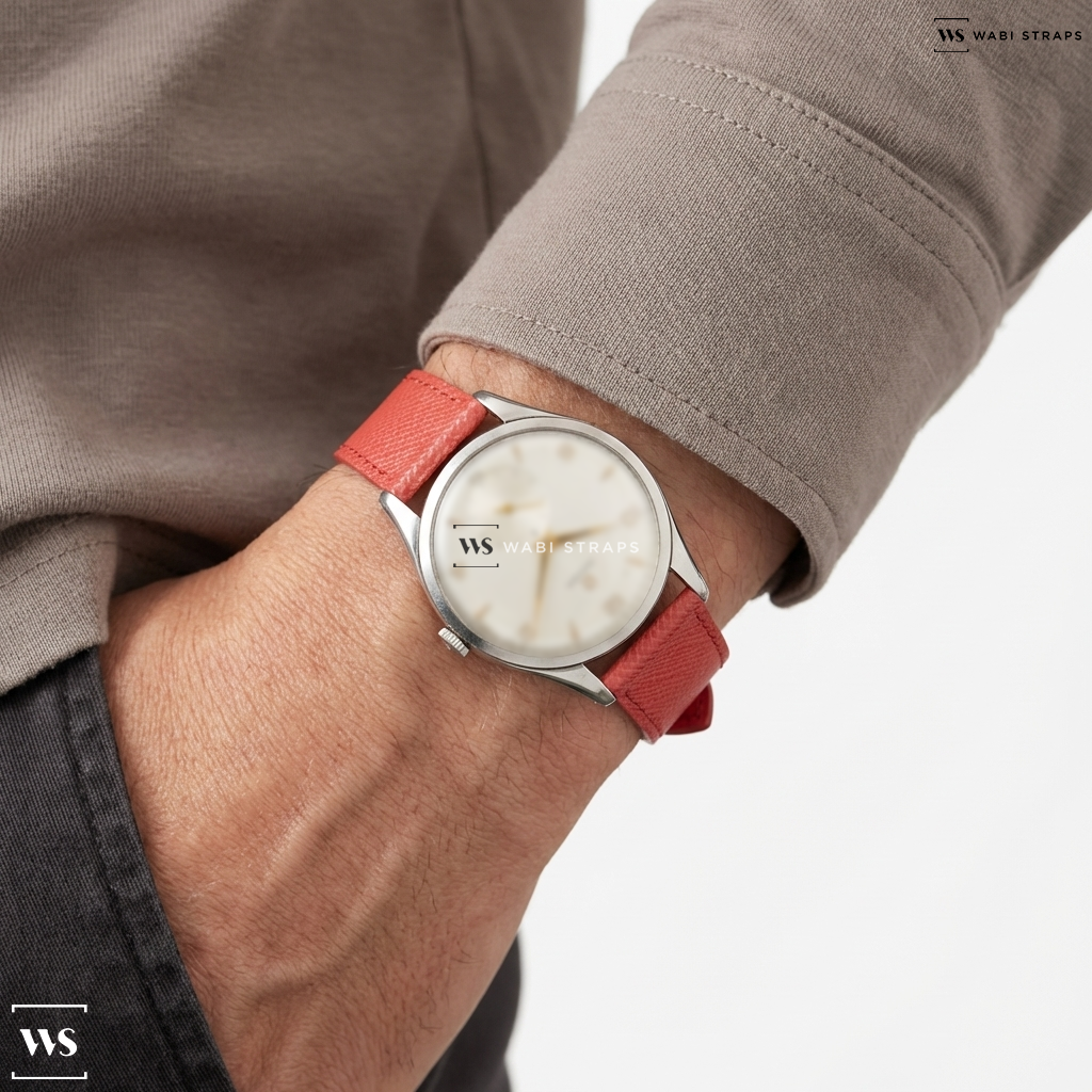 Red Cross Hatch Leather Watch Strap on Omega Jumbo