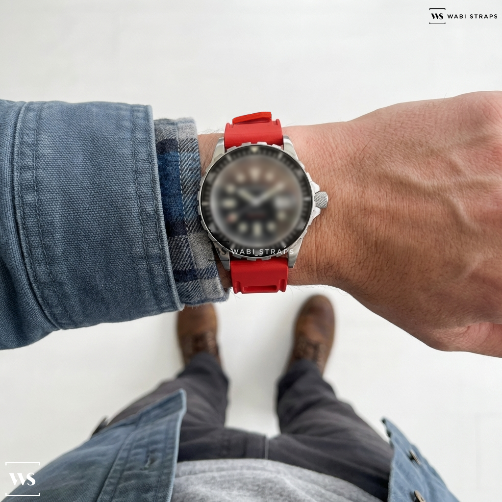 Red Perforated Rubber Watch Strap on Marathon Original Search & Rescue with Date (OSAR-D) Diver's Automatic 41mm - Black on Bracelet