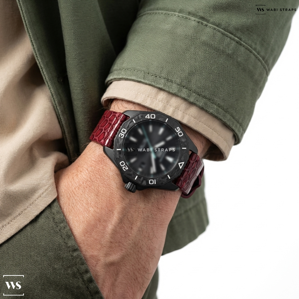 Red Embossed Glossy Rubber Watch Strap on Tag Heuer Aquaracer Solargraph Black PVD