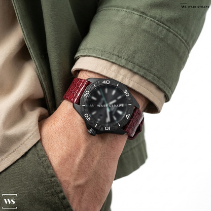 Red Embossed Glossy Rubber Watch Strap on Tag Heuer Aquaracer Solargraph Black PVD