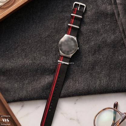 Black/Red 2 Side Stripes Nylon Watch Strap on Swatch Sistem 51 Irony Petite Seconde Black