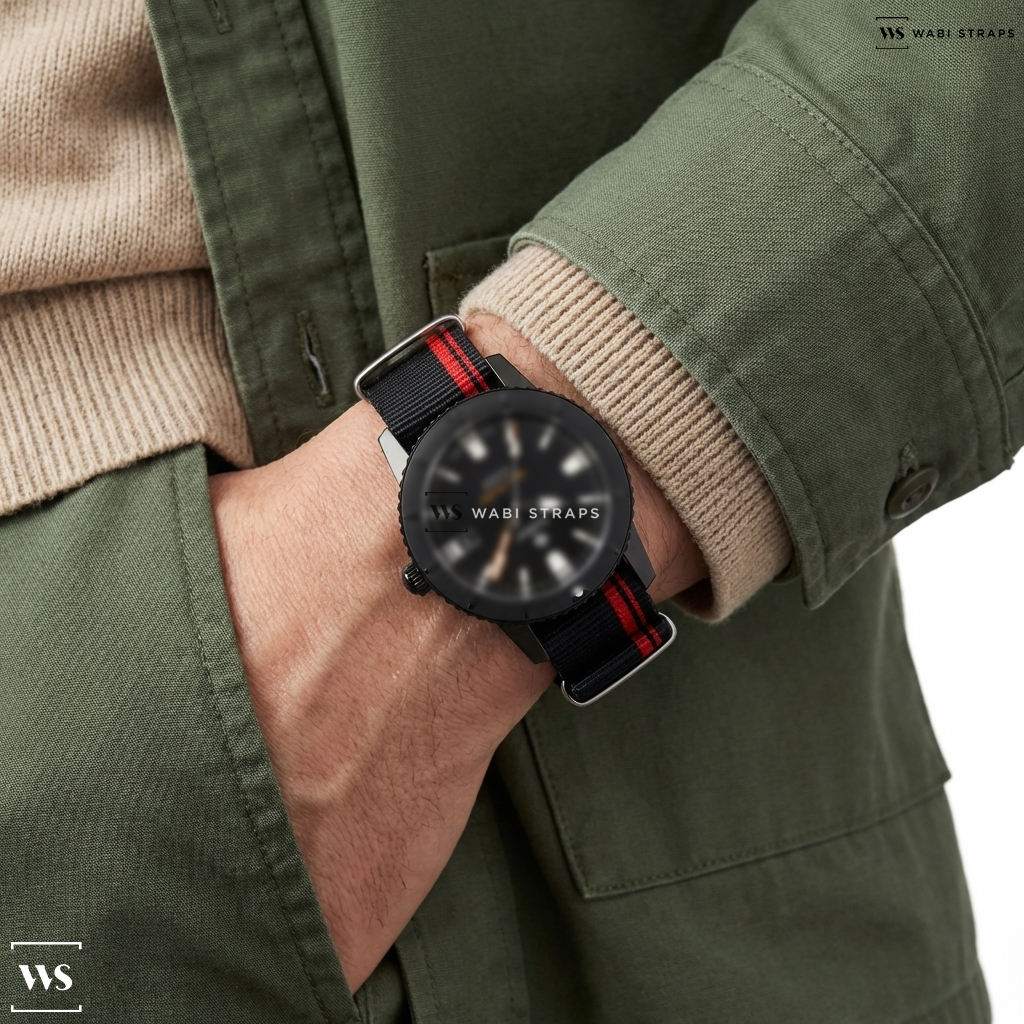 Black/Red 2 Side Stripes Nylon Watch Strap on Men's Super Sea Wolf Compression Automatic
