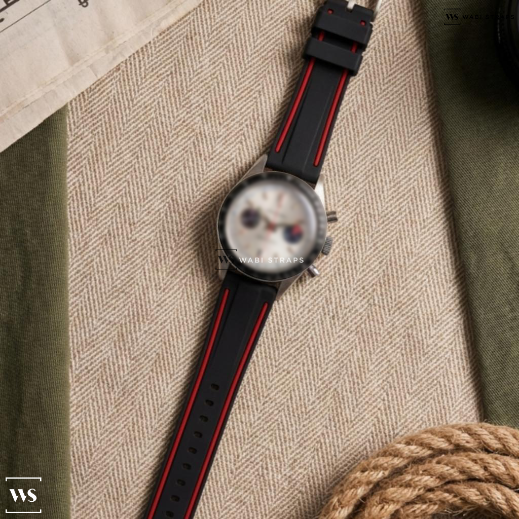 Black/Red Contrast Edge Silicone Watch Strap on Westclox Vintage Chronograph Rotating Bezel
