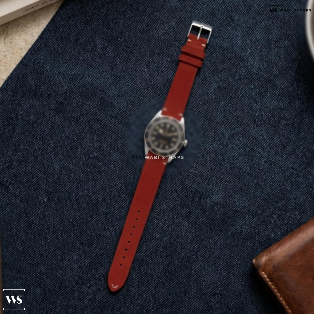Red Fuzzy Grain Leather Watch Strap on Tudor Tudor 79030N Black Bay Fifty-Eight SS / Bracelet