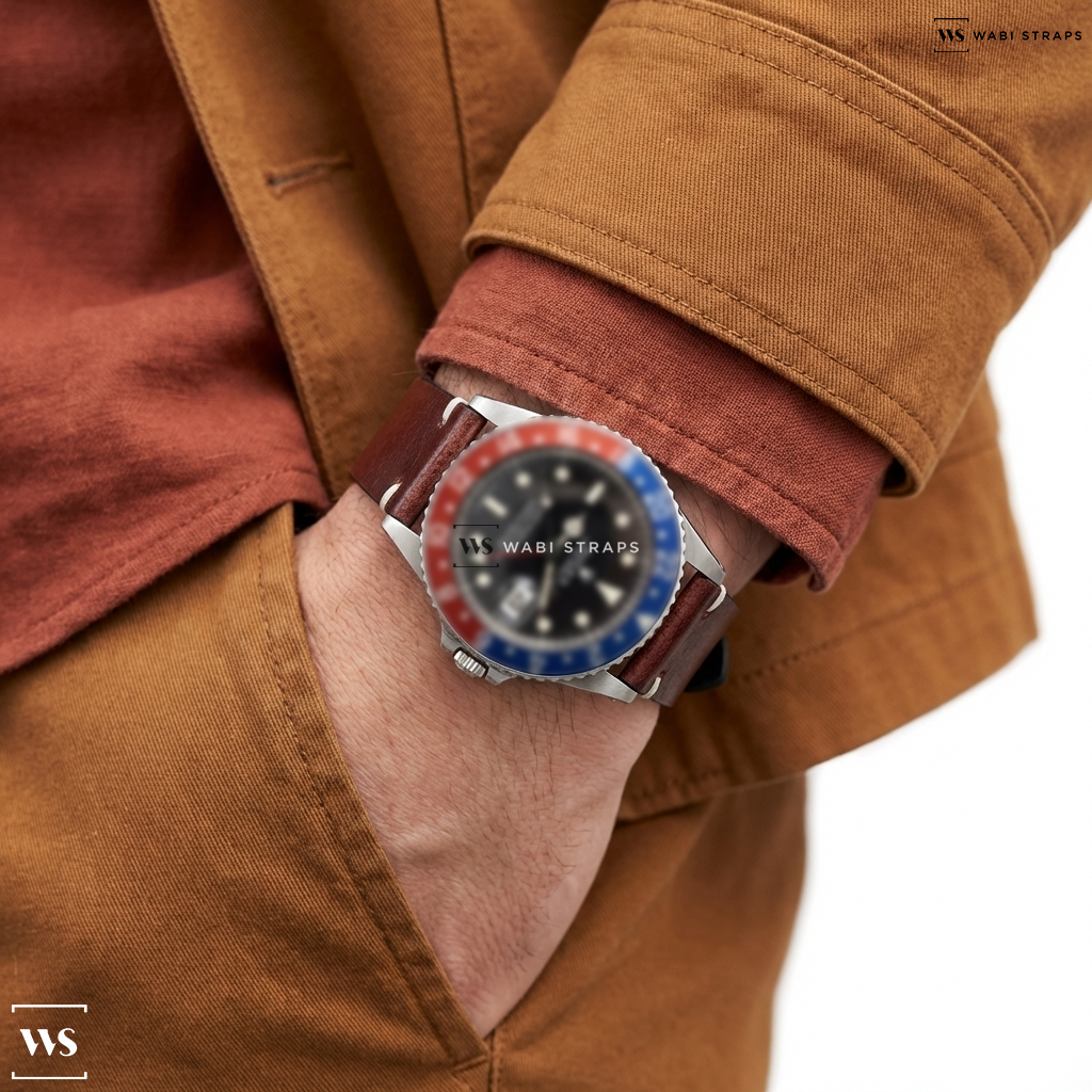 Red Waxed Leather Watch Strap on Rolex GMT Master Ref. 1675