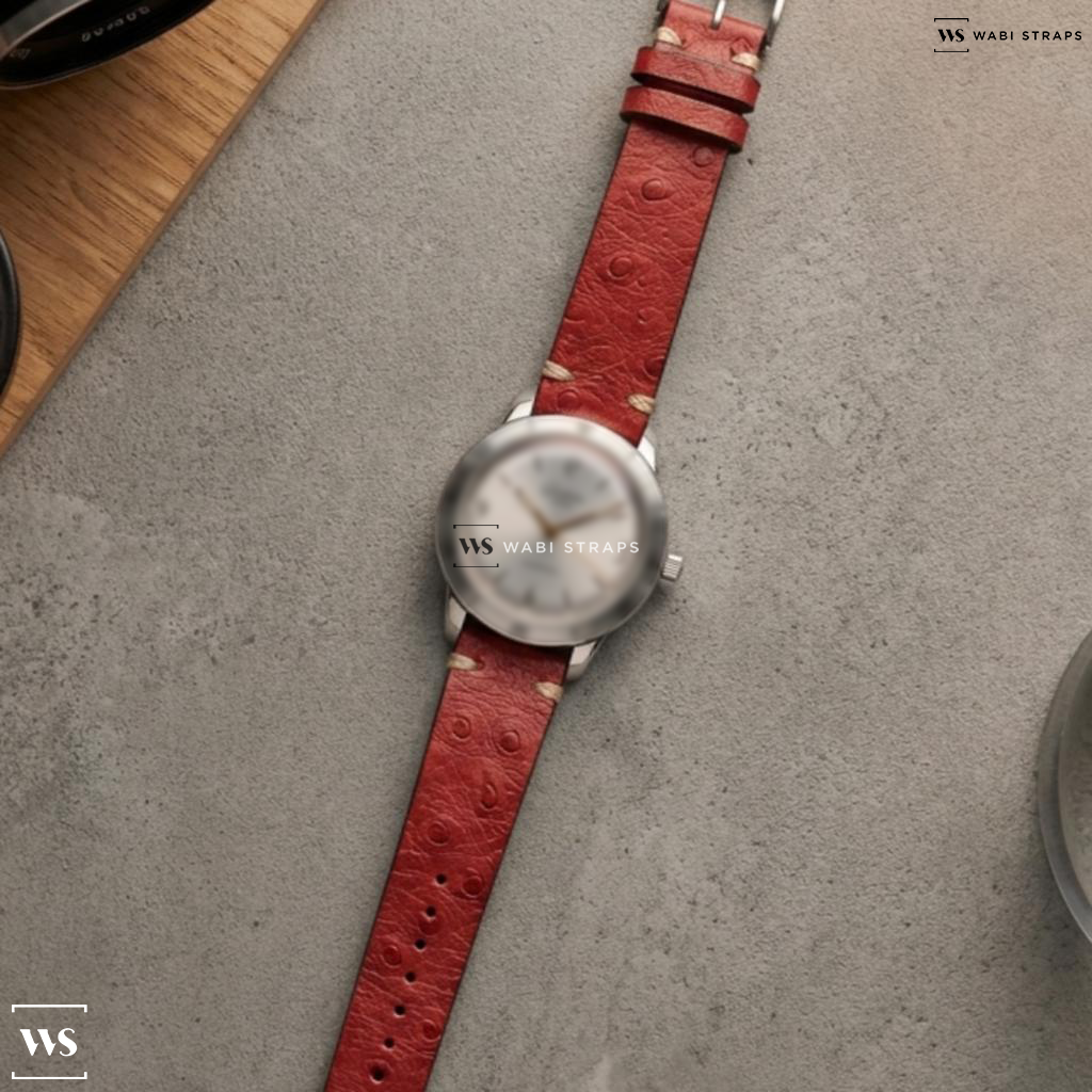Red Ostrich Grain Leather Watch Strap on Glashutte Original Senator Sixties SS Automatic Silver Dial