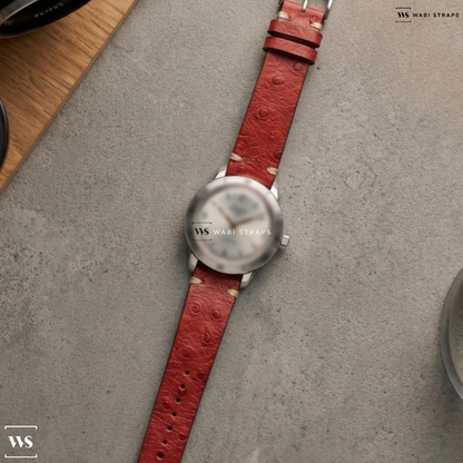 Red Ostrich Grain Leather Watch Strap on Glashutte Original Senator Sixties SS Automatic Silver Dial