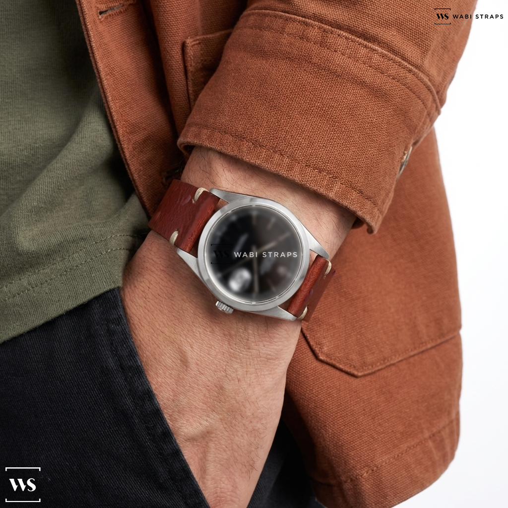 Red Ostrich Grain Leather Watch Strap on Rolex Datejust “Darth”