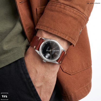 Red Ostrich Grain Leather Watch Strap on Rolex Datejust “Darth”