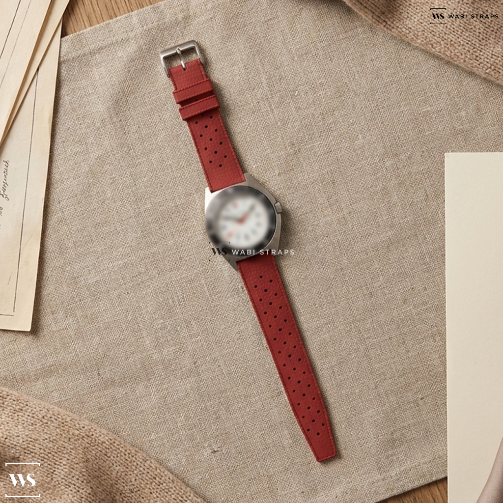 Red Perforated Rubber Watch Strap on Marathon Steel Navigator SSNAV-D 41mm Arctic Edition with Date