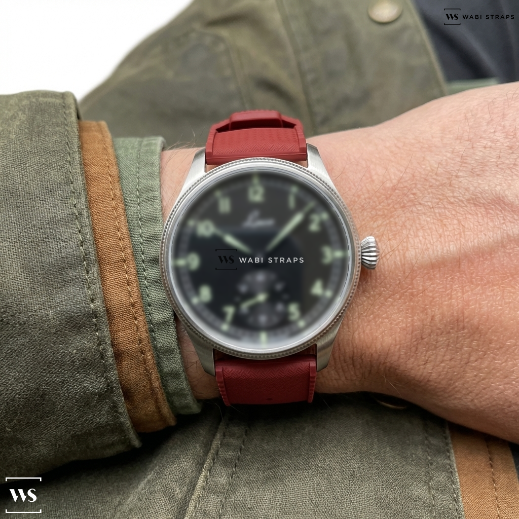 Red Perforated Rubber Watch Strap on Laco Bremerhaven 39