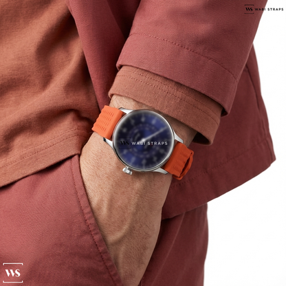 Red Ribbed Rubber Watch Strap on MeisterSinger Pangaea Day Date Blue Dial