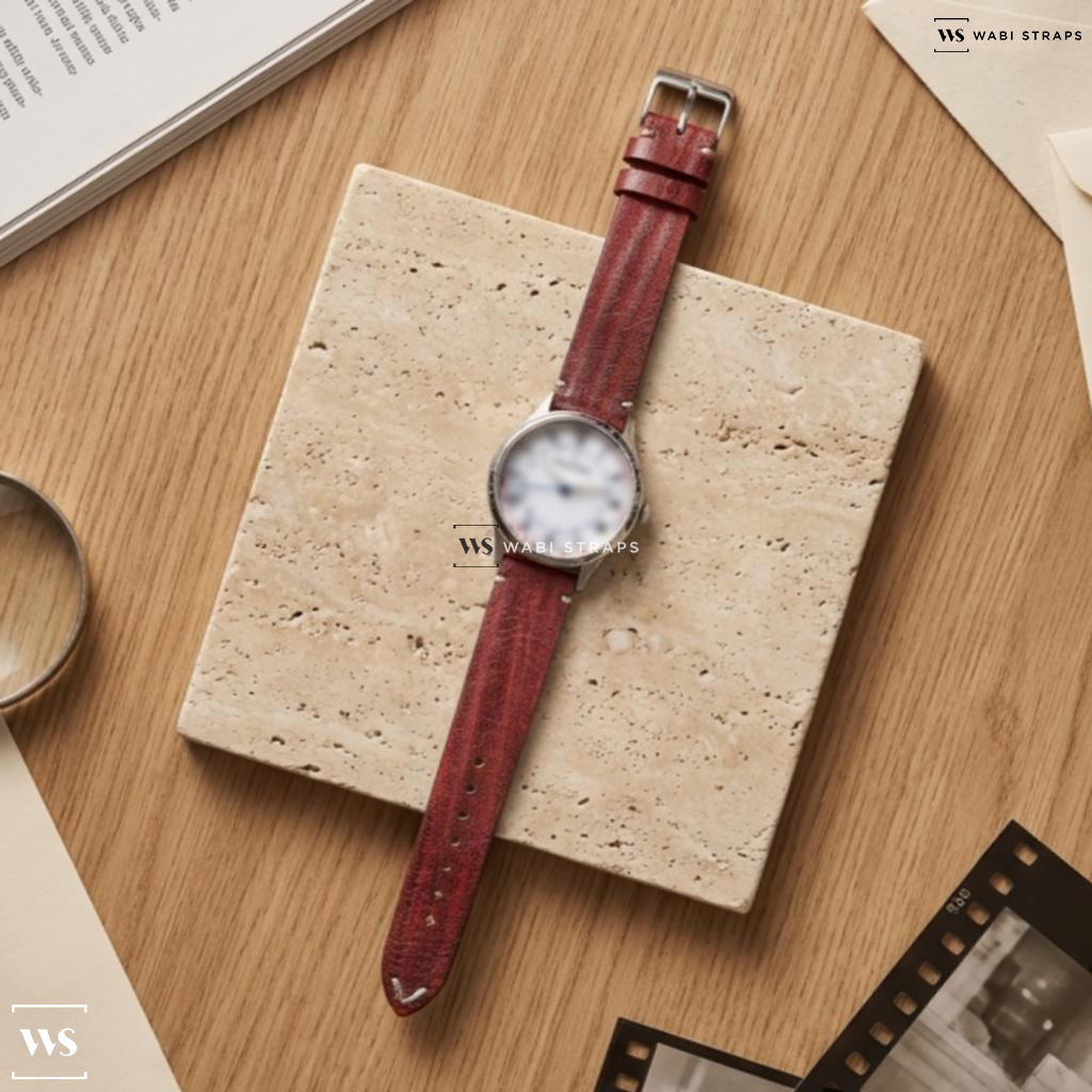 Red Wood Leather Watch Strap on Maurice Lacroix Masterpiece Automatic White Dial Stainless Steel Men's Watch