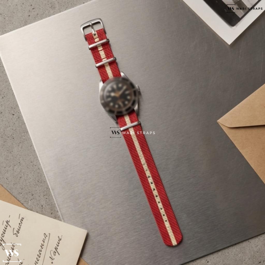 Beige/Red 2 Thick 1 Thin Stripe Nylon Watch Strap on Tudor Black Bay 58