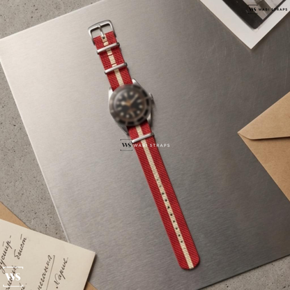 Beige/Red 2 Thick 1 Thin Stripe Nylon Watch Strap on Tudor Black Bay 58