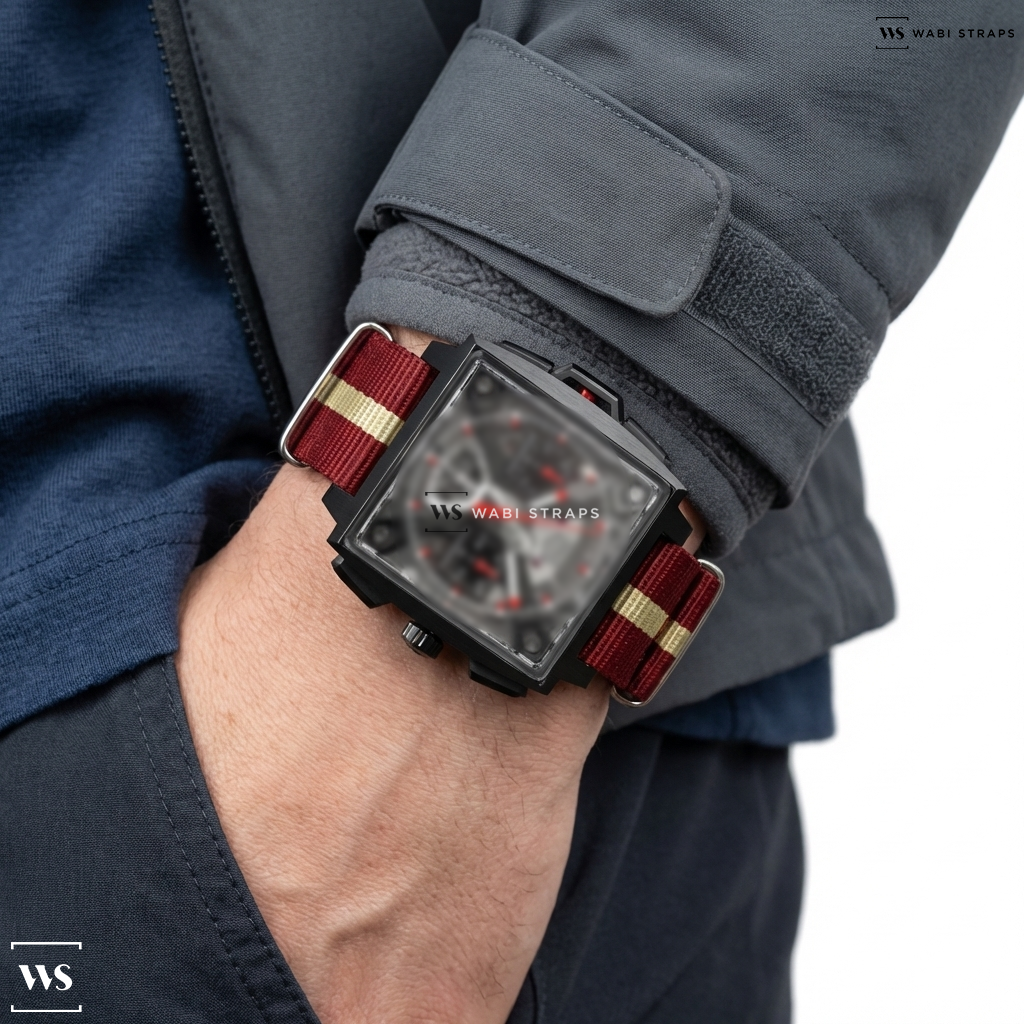 Beige/Red 2 Thick 1 Thin Stripe Nylon Watch Strap on TAG Heuer Monaco Split-Seconds Chronograph