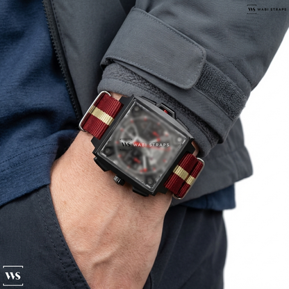 Beige/Red 2 Thick 1 Thin Stripe Nylon Watch Strap on TAG Heuer Monaco Split-Seconds Chronograph