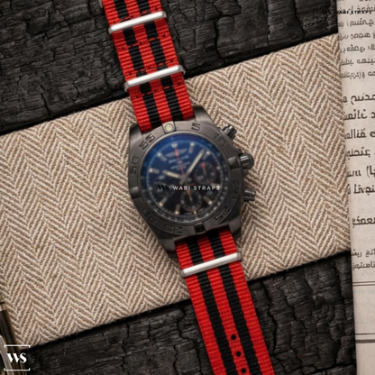 Black/Red 5 Stripes Nylon Watch Strap on Breitling Chronomat 44 Blacksteel