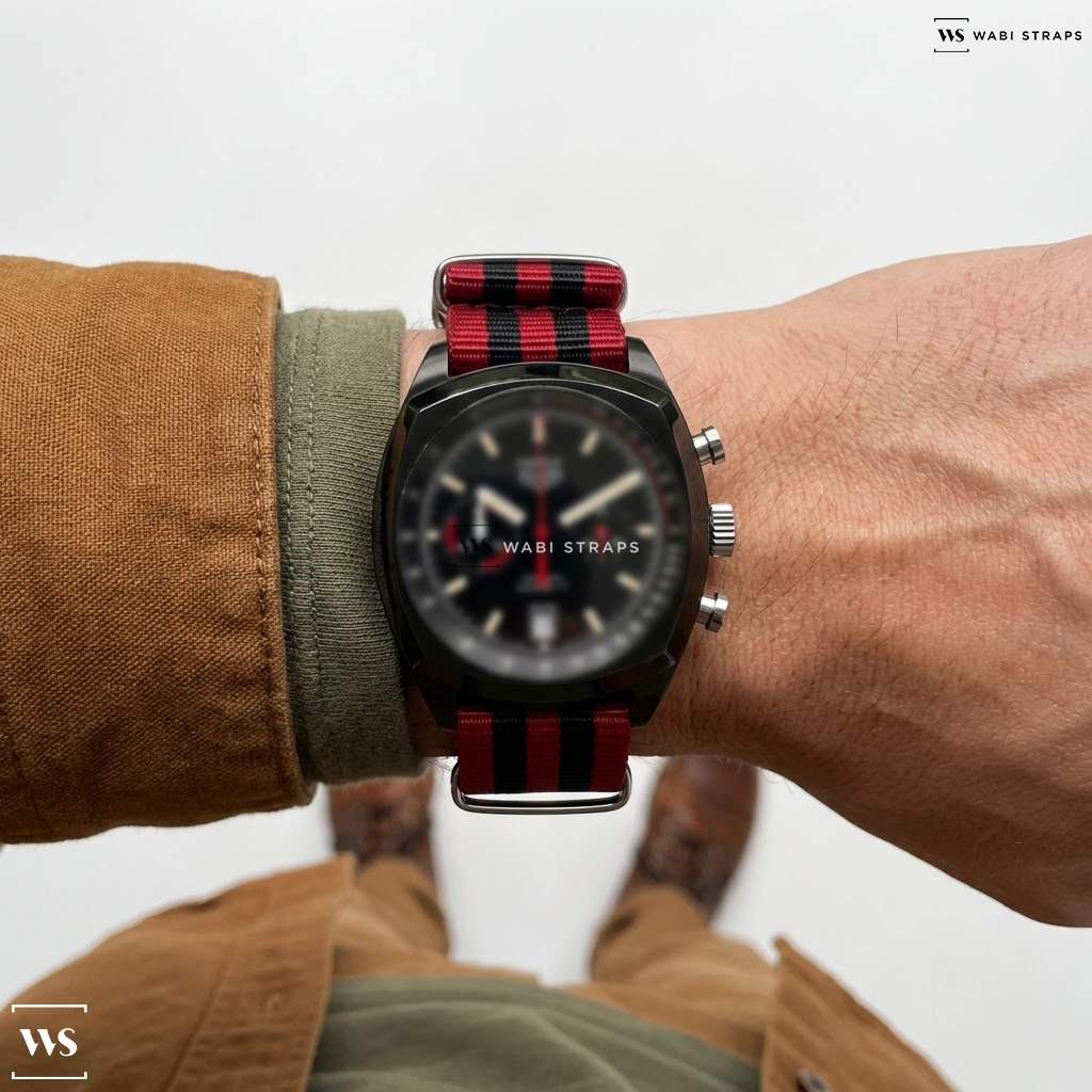 Black/Red 5 Stripes Nylon Watch Strap on Heuer Monza Calibre 17 Black PVD